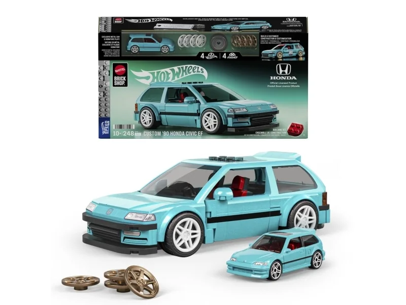 Mattel Brick Shop Hot Wheels Custom ’90 Honda Civic EF -rakennussarja (248 osaa), keräilijöille, Rakennuspakkaus, 10 vuosi/vuosia, Muovi, Metalli, 248 kpl, 538,9 g