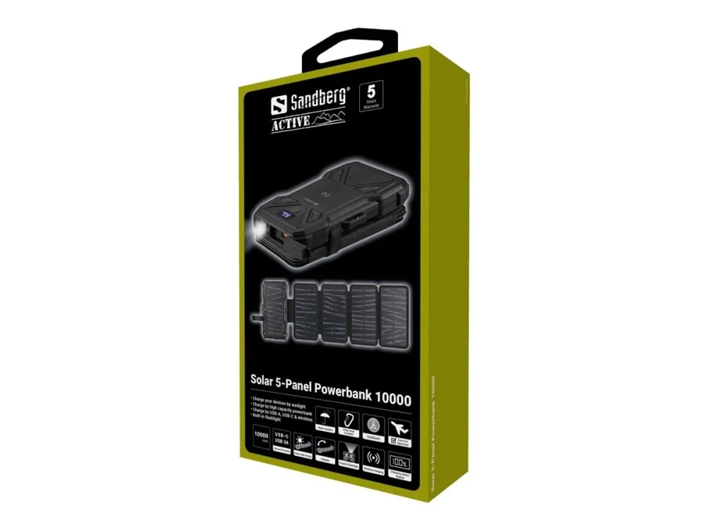 Sandberg Solar 5-paneeli Powerbank 10000, 10000 mAh, ohjelmoitava virtalähde (PPS), langaton lataus, musta