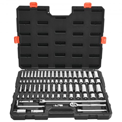 VEVOR Socket Set, 76 Pieces, 9.5 mm Drive Socket and Ratchet Set, SAE and Metric, Deep and Shallow, Mechanic Tool Kit with Accessories and Storage Case, CR-V Alloy Steel, for Automotive Repair
