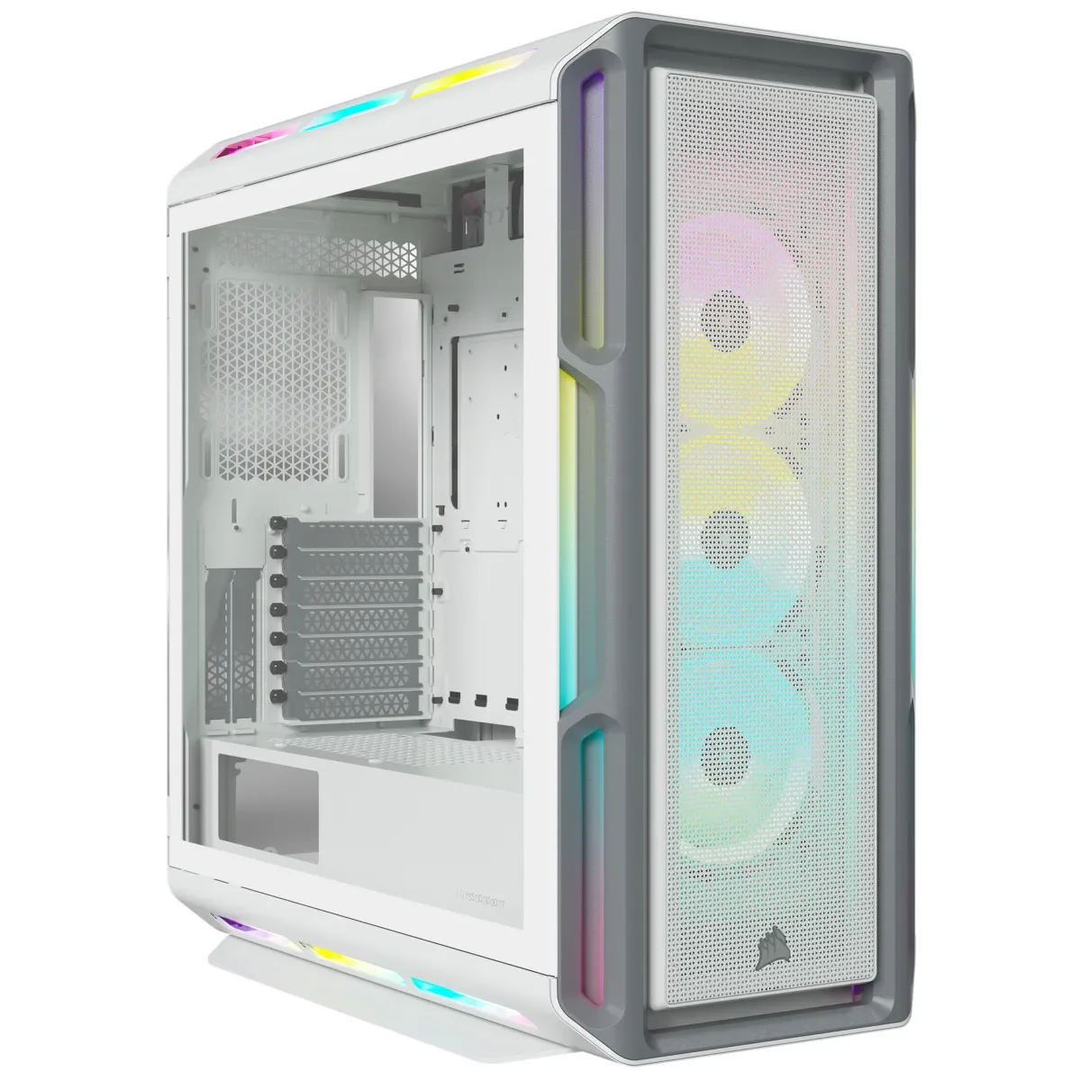 Corsair iCUE 5000T RGB -miditornikotelo ikkunalla ja RGB-valaistuksella, valkoinen