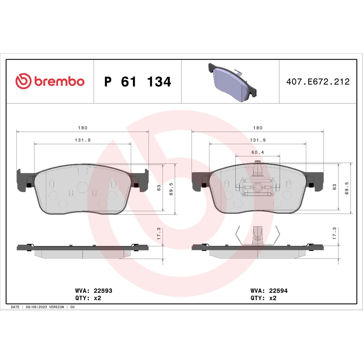Jarrupalat, levyjarru BREMBO P 61 134