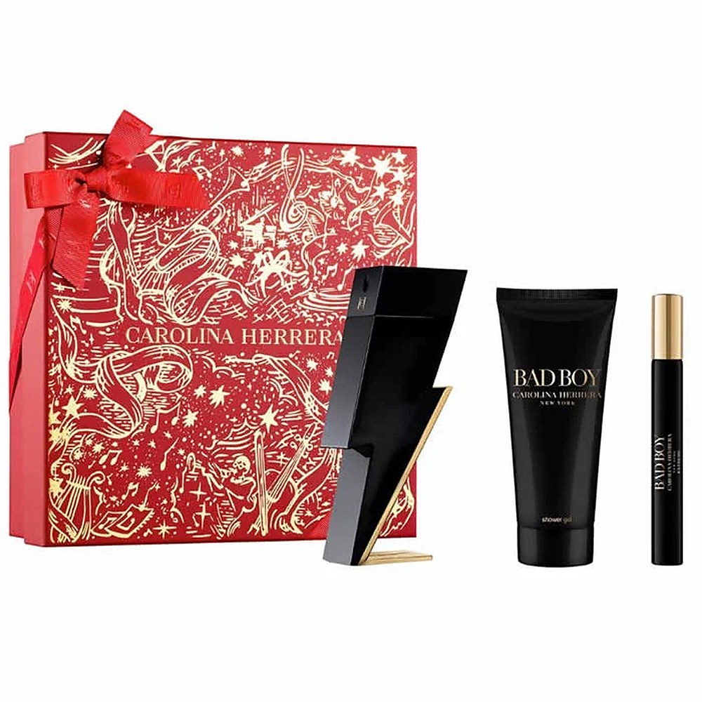 Carolina Herrera Bad Boy Eau De Toilette Spray 100ml lahjapakkaus, joka sisältää 3 kappaletta