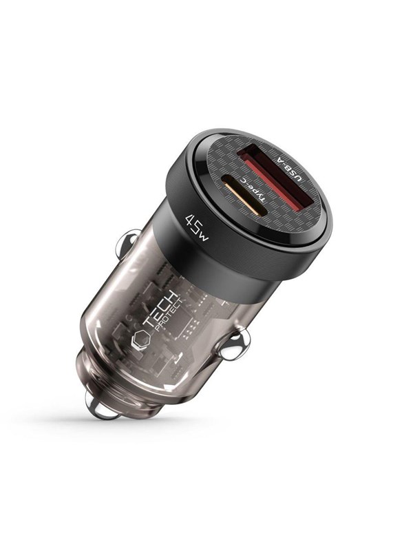 4kom.pl Autolaturi CC45W USB-C tyyppi C 2-porttinen autolaturi PowerDelivery PD 45W QuickCharge QC 3.0 Musta