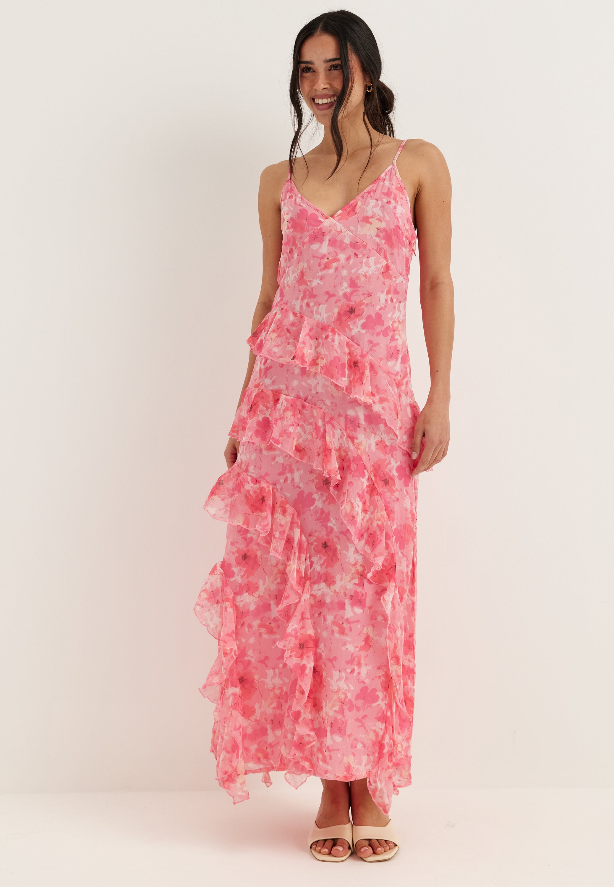 Vmsmilla S/L V-NECK LONG FRILL DRESS