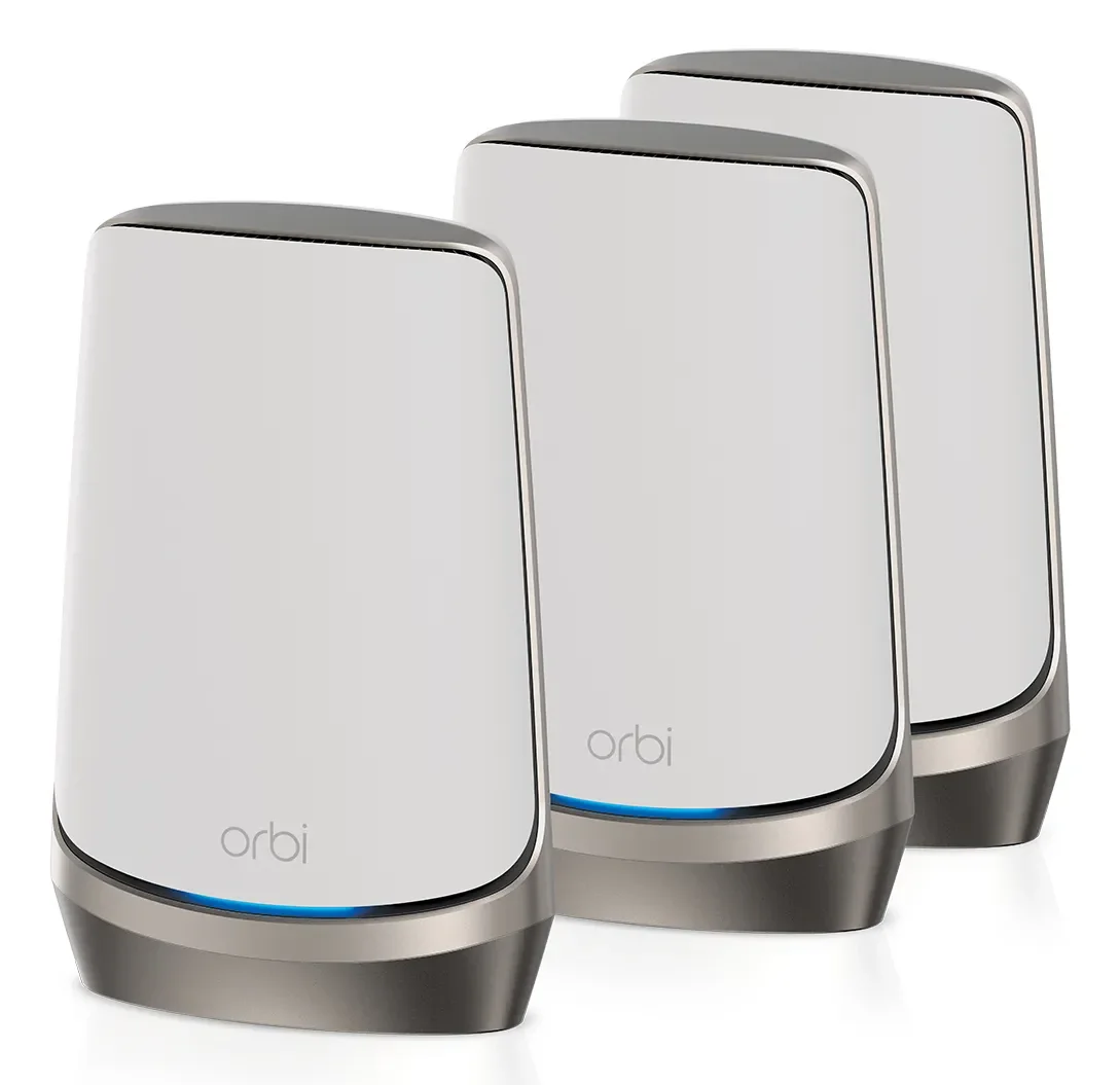 Netgear Orbi RBKE963 -mesh WiFi -järjestelmä, Wi-Fi 6E, Quad-band, 3 kpl, 10G WAN -portilla, valkoinen