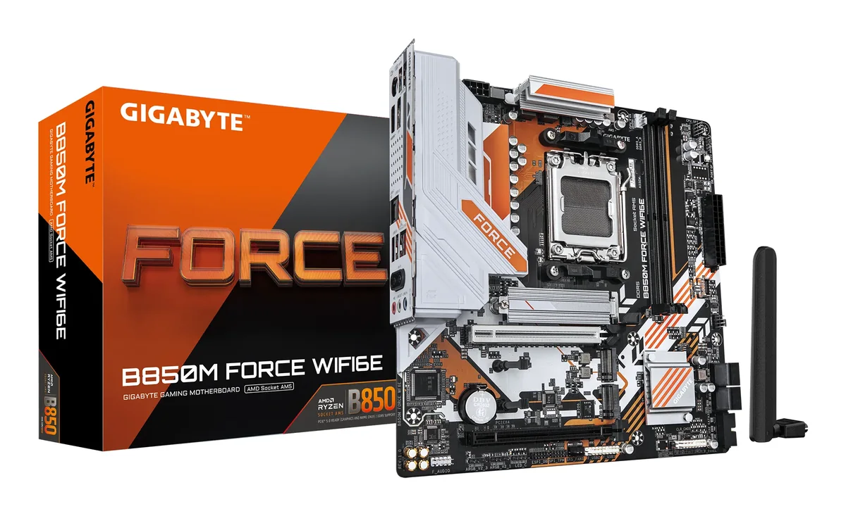 Gigabyte B850M FORCE WIFI6E - Emolevy - micro ATX - Socket AM5 - AMD B850 Chipset - USB-C 3.2 Gen 1, USB 3.2 Gen 2, USB 3.2 Gen 1 - 2.5 Gigabit LAN, Wi-Fi 6E, Bluetooth - sisäinen grafiikka (CPU tarvitaan) - HD Audio (8 kanavaa)
