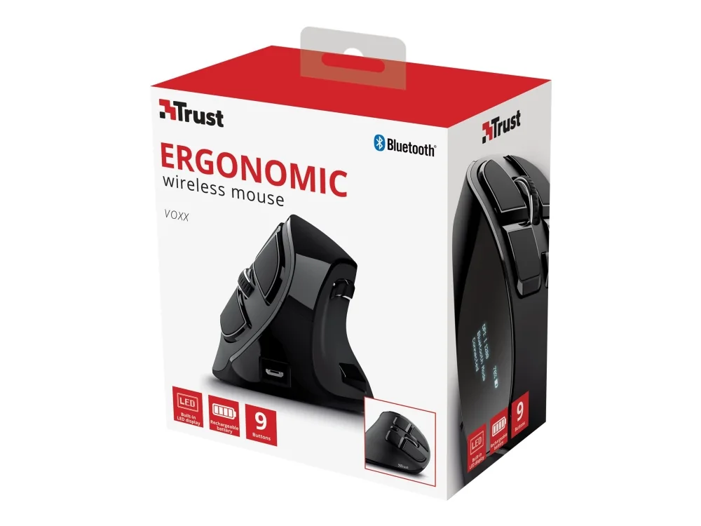Trust Voxx, Oikeakätinen, Vaakasuuntainen muotoilu, Optinen, RF Wireless + Bluetooth, 2400 DPI, Musta