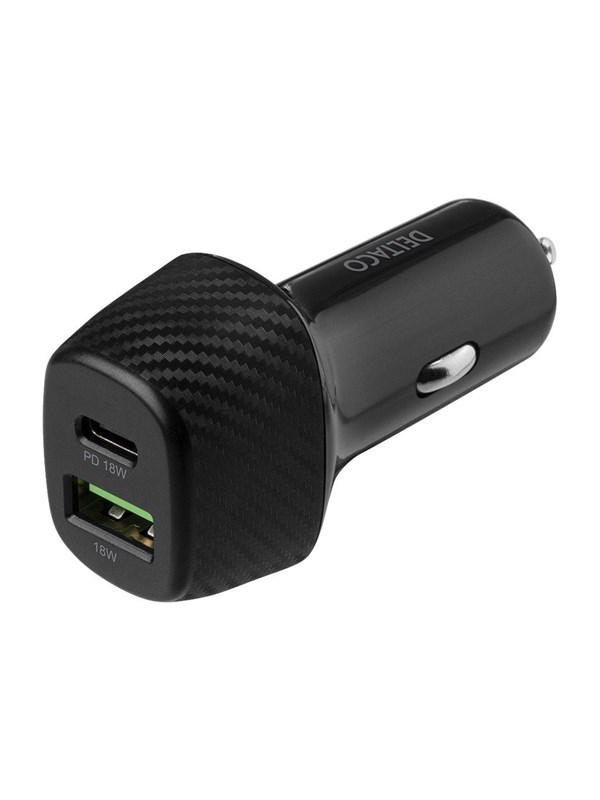 DELTACO USB-autolaturi, 1x USB-C, PD 18W, 1x USB-A, 18W, yhteensä 36W