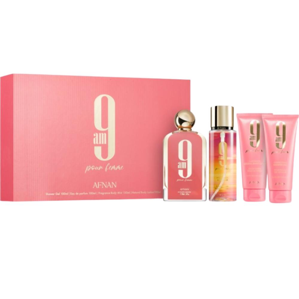 Afnan 9:00 Versa Femme -lahjasetti EDP 100 ml, suihkugeeli 100 ml, vartalohuppu 150 ml ja vartalovoide 100 ml - 100 ml