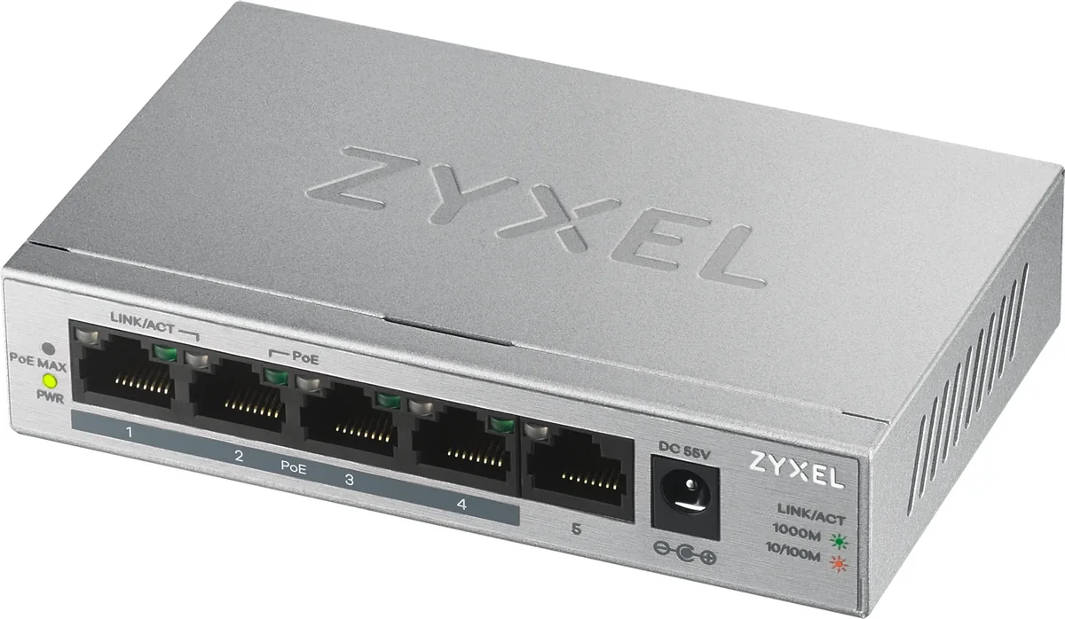 Zyxel GS1005HP-EU0101F - 5-porttinen hallitsematon Gigabit PoE+ -kytkin, hopea