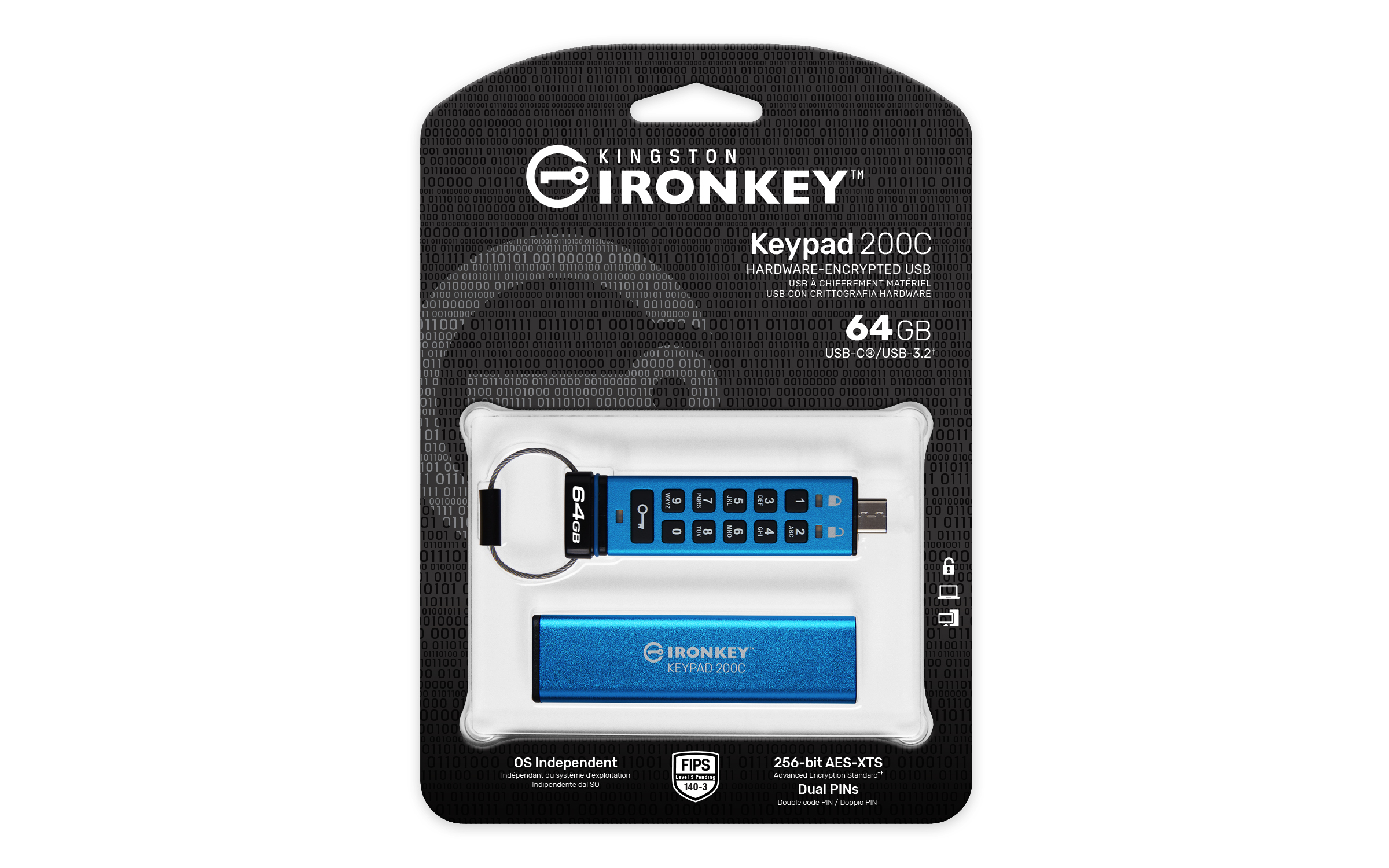 Kingston 64GB USB-C IronKey Keypad 200C, FIPS 140-3 Lvl 3 AES-256