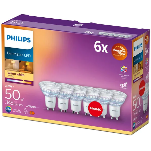 Philips WarmGlow LED GU10 3.8 W PAR16 Himmennettävä 6 kpl pakkaus (2200–2700 K, 345 lm, 36°, Ra 90)
