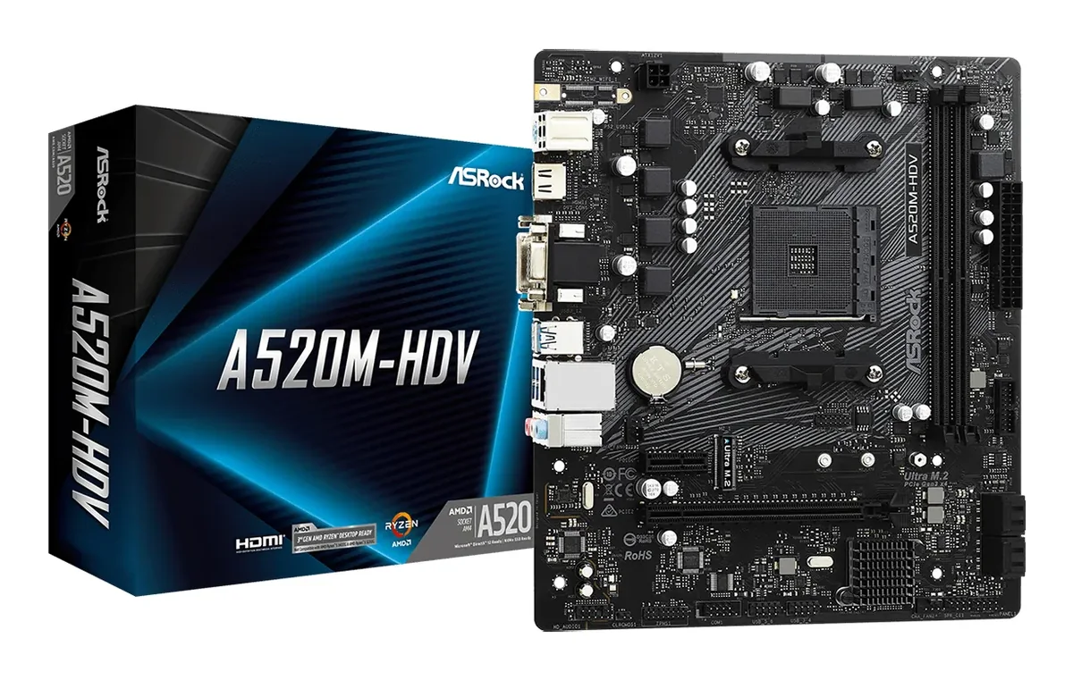 ASRock A520M-HDV - Emolevy - micro-ATX - Socket AM4 - AMD A520 piirisarja - USB 3.2 Gen 1 - Gigabit LAN - sisäinen grafiikka (CPU tarvitaan) - HD Audio (8-kanavainen)
