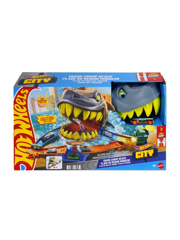 Hot Wheels City Shark Chomp Beach -lelu ja1:64-mittakaavan metallinen leluauto, suuri voitto, Ajoneuvo ja ratasetti, 4 vuosi/vuosia, Muovi, Monivärinen