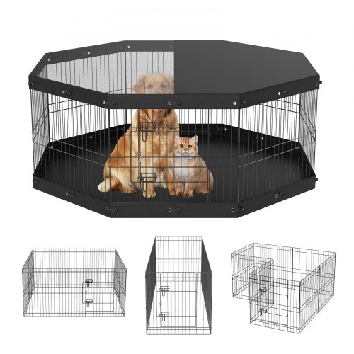 VEVOR Dog Playpen, 8 Panels Foldable Metal Dog Exercise Pen with Top Cover and Bottom Pad, 61 cm H Pet Fence Puppy Crate Kennel, Indoor Outdoor Dog Pen for Small Medium Pets, for Camping, Yard