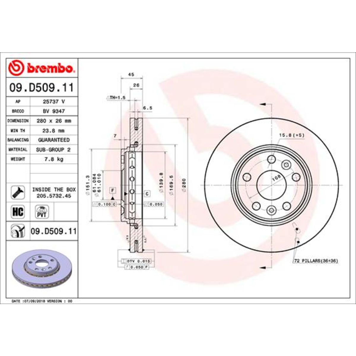 Jarrulevy BREMBO 09.D509.11