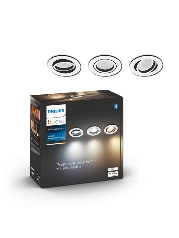 Philips Hue White ambiance Milliskin - Upotettu kohdevalo - LED-spottilamppu - GU10 - 4.2 W - luokka E - lämmin - viileä valkoinen valo - 2200-6500 K - valkoinen (pakkaus sisältää 3)