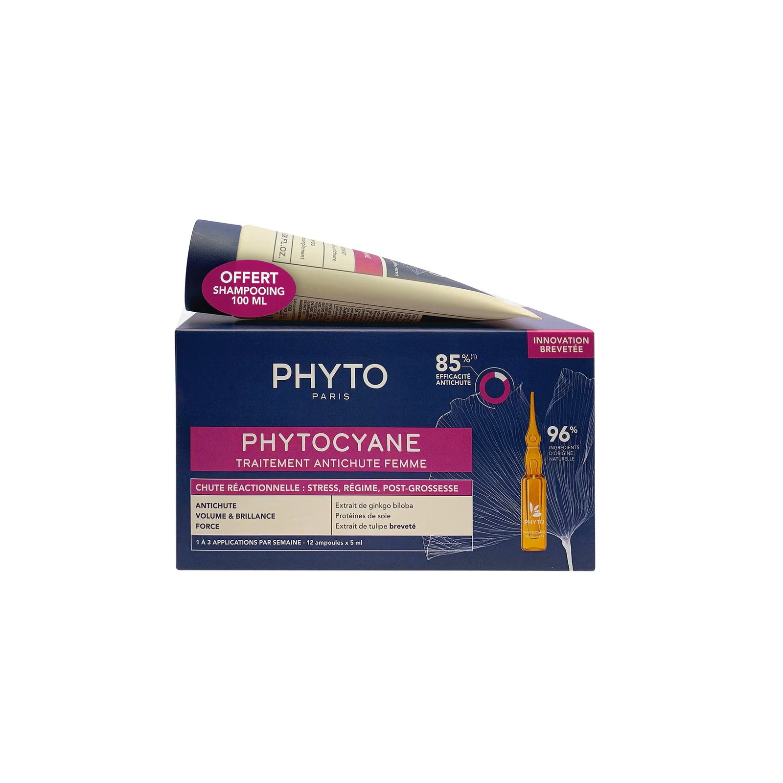 Phyto-setti: Phytocyane hiustenlähtöä ehkäisevä seerumi hiuspohjalle ilman huuhtelua 12 ampullia x 5 ml + Phytocyane hiustenlähtöä ehkäisevä shampoo 1