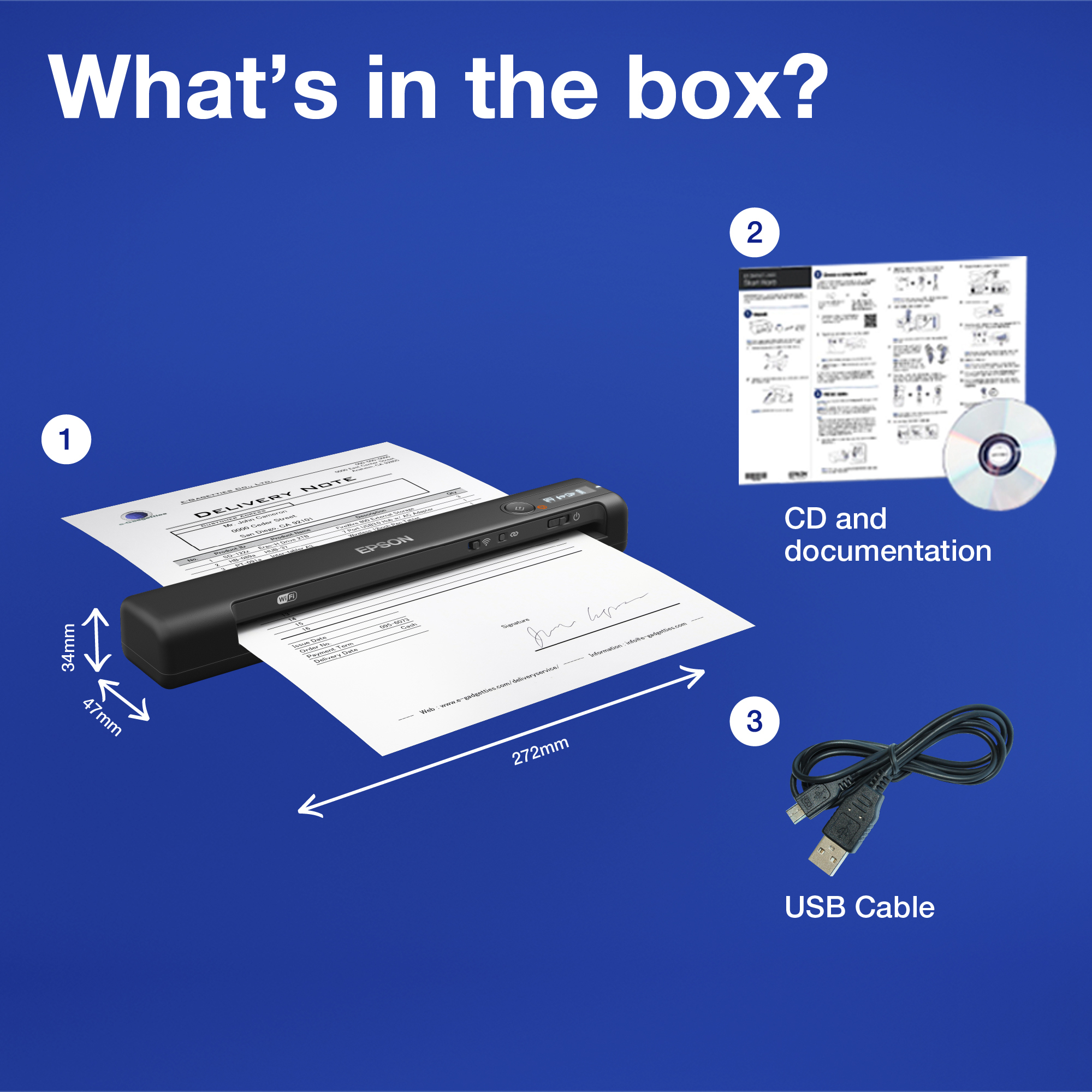 Epson WorkForce ES-60W - Skanneri paperinsyötöllä - Kosketuskuvakenno (CIS) - A4 - 600 dpi x 600 dpi - jopa 300 skannausta päivässä - USB 2.0, Wi-Fi(n)