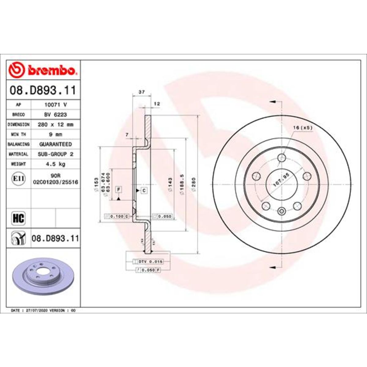 Jarrulevy BREMBO 08.D893.11