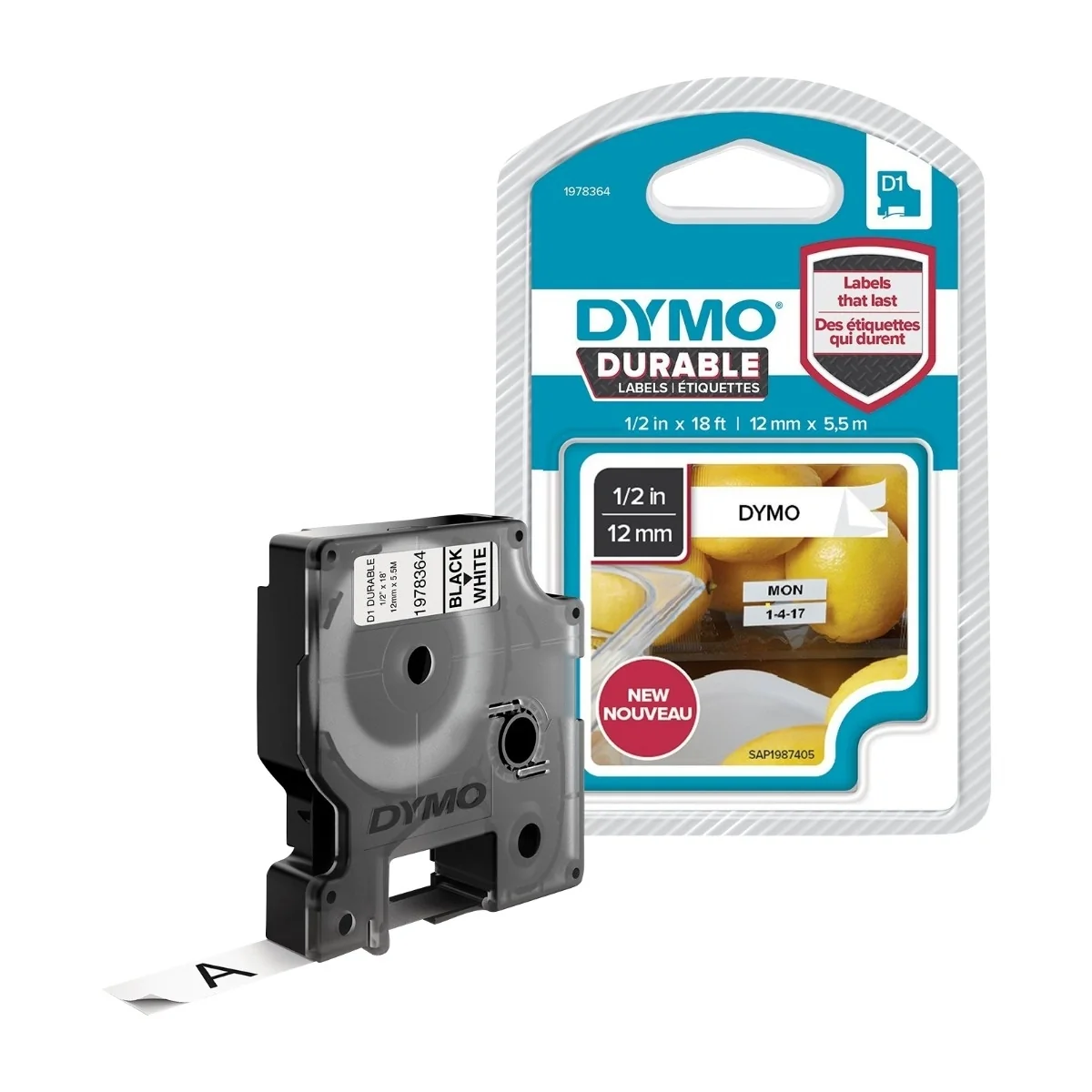 DYMO D1® -tehokkaat / kestävät Durable-teipit, 12 mm x 5,5 m, musta teksti valkoisellelle, itseliimautuvat teipit LabelManager-tarratulostimille, aito