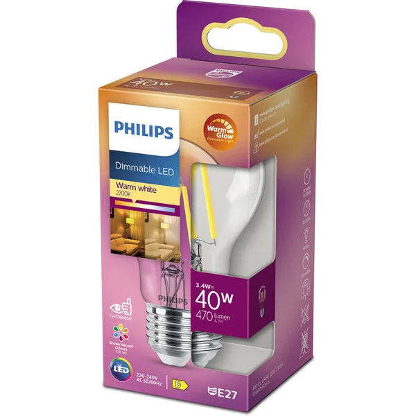 Philips LED Classic A60 E27 3,4W (40W) 470lm Kirkas Himmennettävä WarmGlow