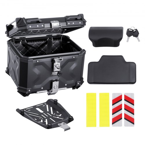 VEVOR Motorcycle Top Case, Universal Aluminum Alloy Motorbike Tail Box with Leather Lining, 45L Waterproof Detachable Motorcycle Top Box with Lock & Back Cushion, Fit for 99% of Motorcycle Frames
