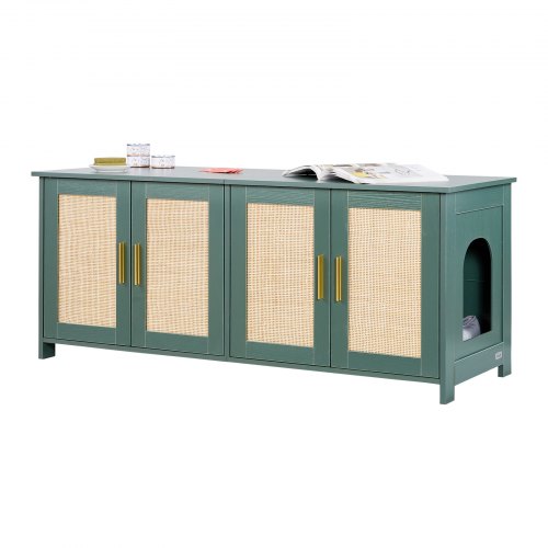 VEVOR Cat Litter Box Enclosure for Multi Cats, 120 cm Hidden Litter Box Cabinet with 4 Rattan Doors & 2 Entries, Indoor Cat Washroom, Wooden Kitty House Furniture, Fit Most Litterboxes, Green