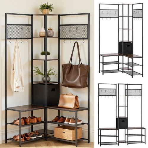 VEVOR Corner Hall Tree with Shoe Bench, 1800 mm Coat Rack with Hooks and Steel Frame, Freestanding Clothes Shoes Rack Storage Organizer with Anti-Tip Set, for Entrance, Closet, Office, Rustic Brown