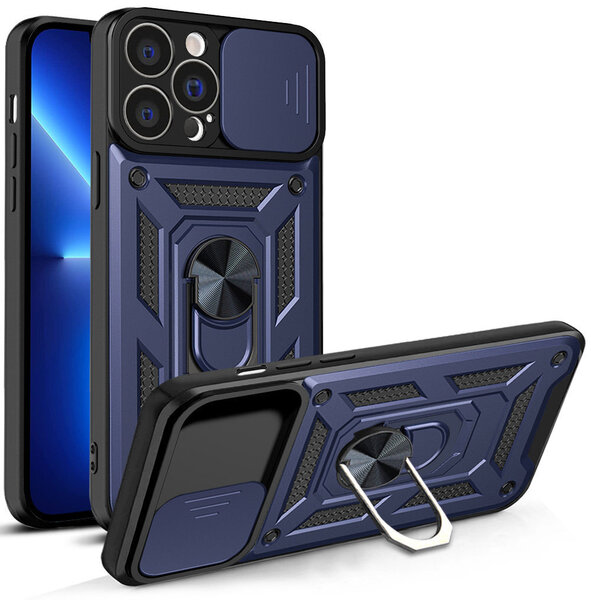 Hurtel Hybrid Armor Camshield Case for iPhone 13 Pro Max Armored Case with Camera Cover Blue