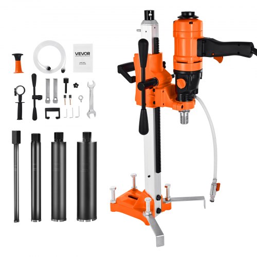 VEVOR Diamond Core Drilling Machine, 200 mm Drilling Diameter, 2-in-1 Handheld & Stand-Mount Dry and Wet Concrete Core Drill Rig with 4 Bits, 1000/2250 RPM 2-Speed, for Concrete Brick Stone, 1500W