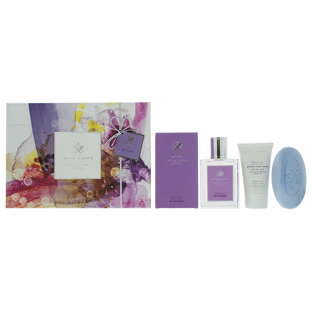Acca Kappa -setti: Glicine, Eau De Parfum, naisille, 100 ml + Glicine, Käsivoide, Jasmiini, 75 ml + Glicine, Tuoksusaippua, 150 g