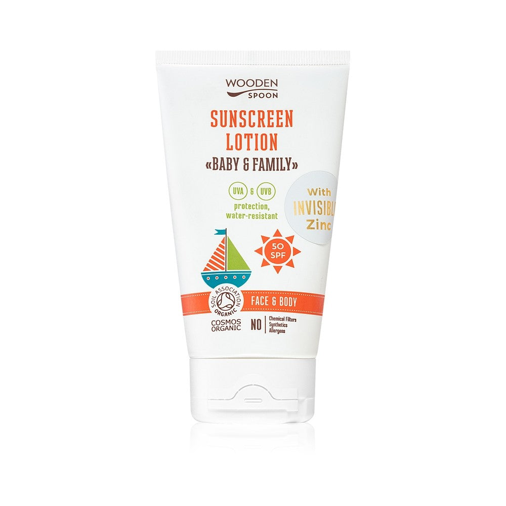 WoodenSpoon Baby & Family suojaava aurinkovoide koko perheelle SPF 50 150 ml