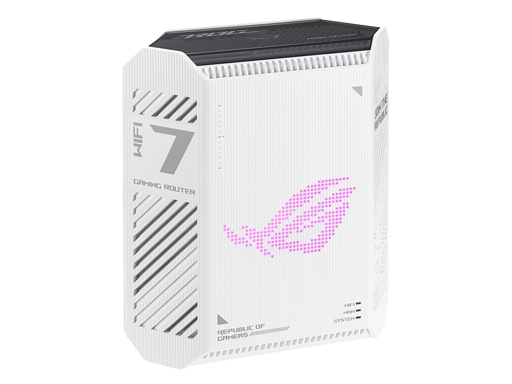 Asus ROG Strix GS-BE7200 -pelireititin, Wi-Fi 7, BE7200, Dual-band, 2,5G WAN -portilla, valkoinen, musta