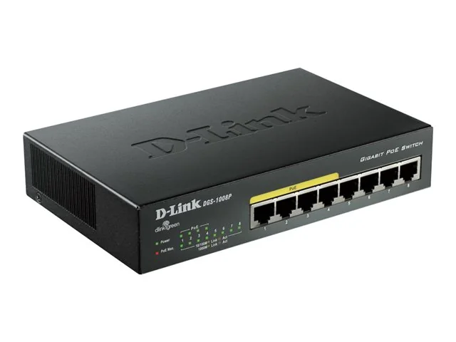 D-Link DGS-1008P/E, Hallitsematon, L2, Gigabit Ethernet (10/100/1000), Täysin kaksipuolinen, Power over Ethernet -tuki, Työpöytä