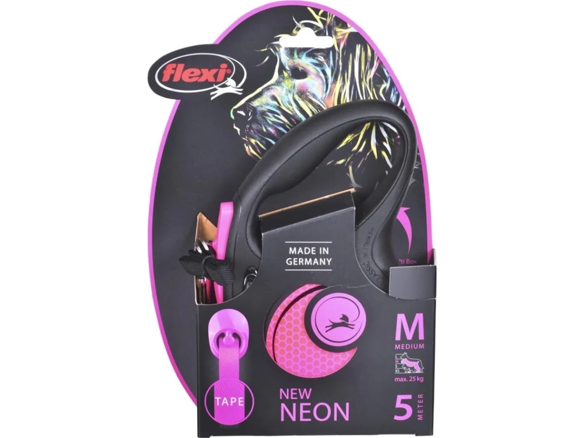 Flexi New NEON - kelatalutin M, 5m 25kg musta/neon pinkki