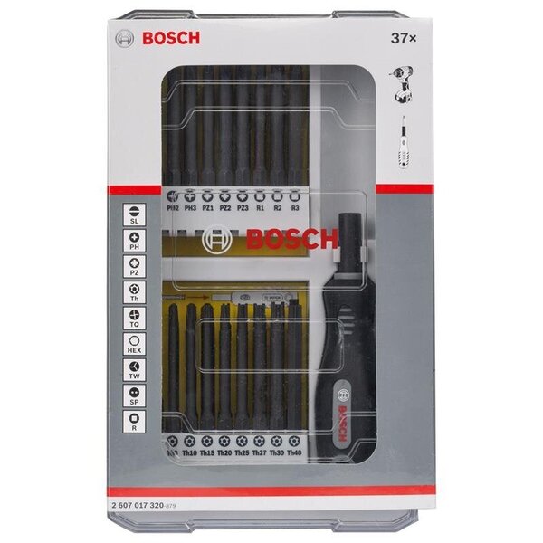 Bosch 37-os. ruuvimeisselisarja ja kahva PH1-2-3; PZ1-2-3; SL5-6; TH8-11-15-20-25-27-30-40; TQ6-8-10; HEX2-2,5-3-4-5-6; TW 1-2-3-4; SP 4-6-8-10; R1-2-3