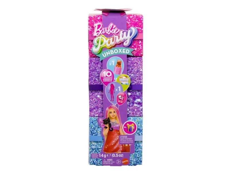 Barbie Party Unboxed Glam Party -sarjan Red Sparkle -nukke ja tarvikkeita, 10 yllätystä, Muotinukke, Naaras, 3 vuosi/vuosia, Tyttö, 296 mm, 280 g