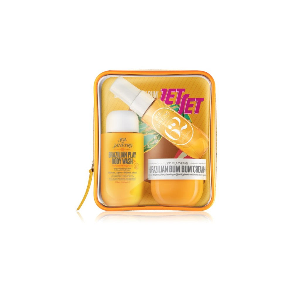 Sol de Janeiro Brazilian Bum Bum Jet Set Travel Kit kiinteyttävä ja tasoittava voide pakaralle ja lantiolle 50 ml + Cream suihkugeeli 90 ml + tuoksuva