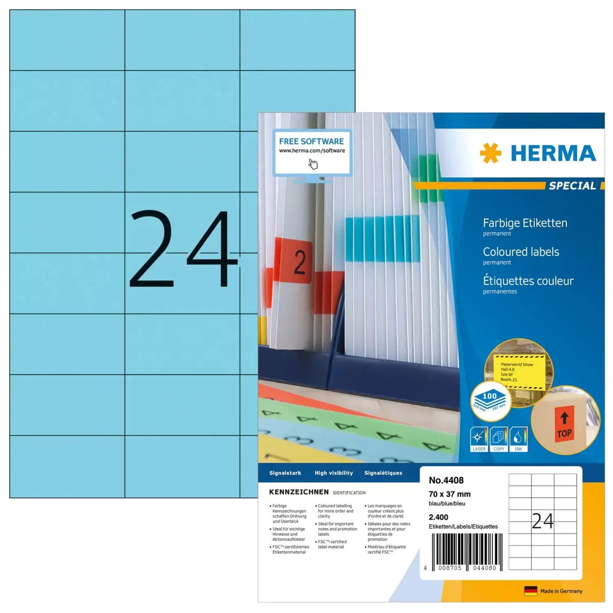 HERMA 4408, Sininen, Suorakulmio, Kiinteä, Paperi, Matta, Laser/Inkjet