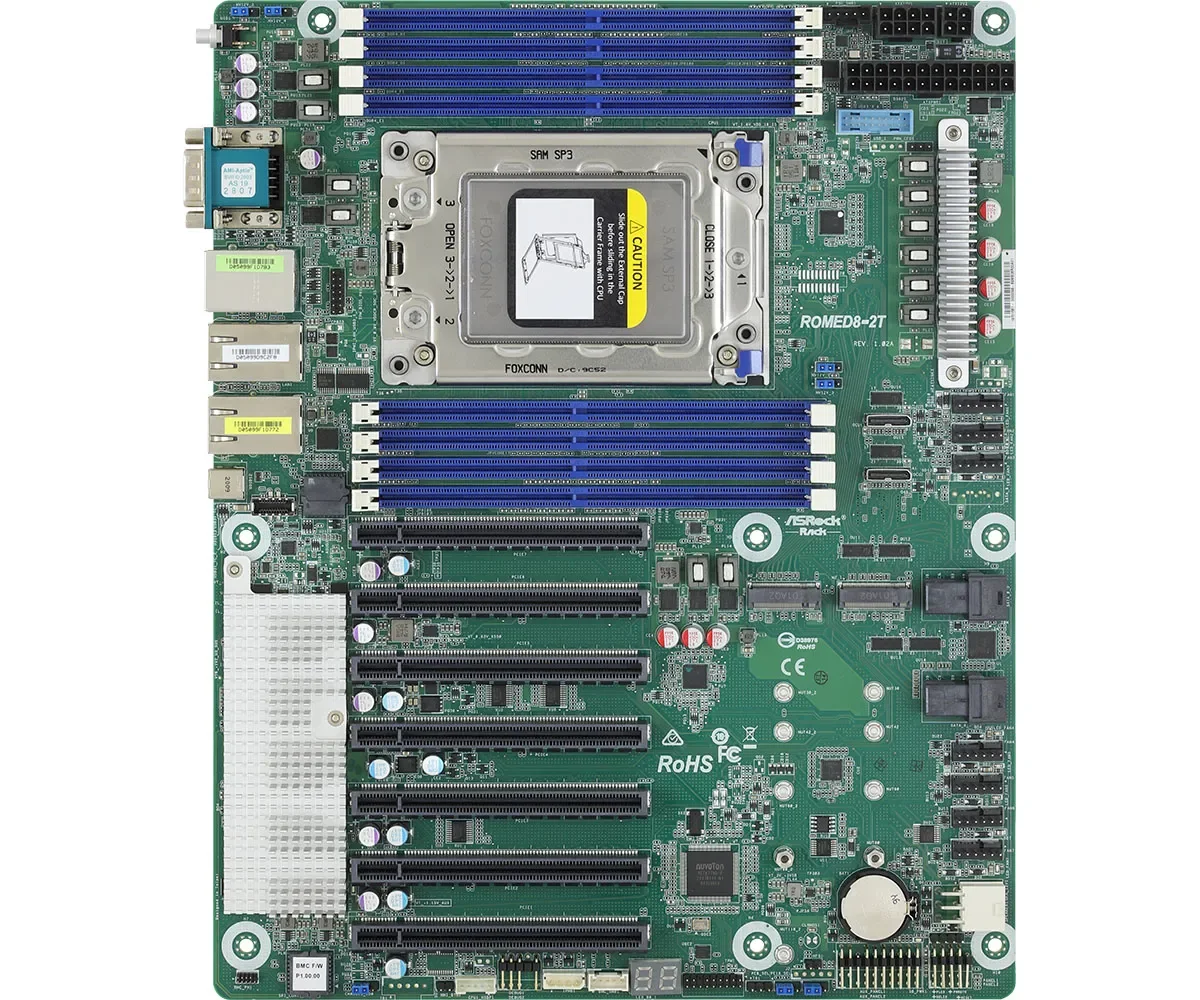 ASRock Rack ROMED8-2T - Bundkortti - ATX - Socket SP3 - USB 3.1 Gen 1, USB-C Gen2, USB 3.1 Gen 2 - 2 x 10 Gigabit LAN - onboard grafiikka